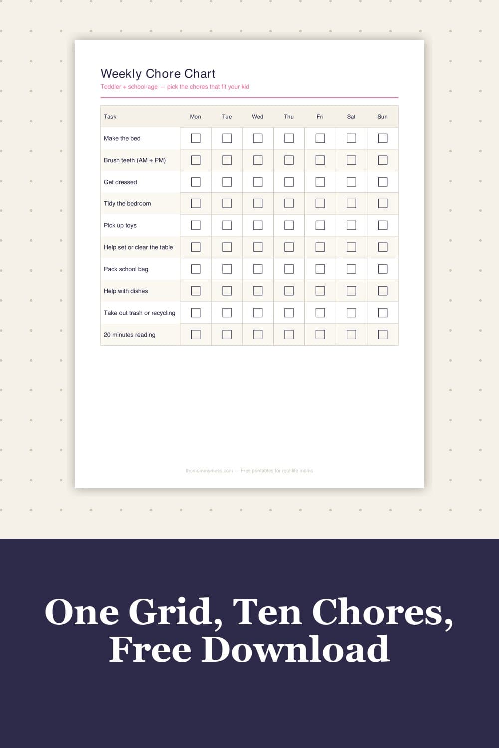 Printable Chore Chart for Kids — One-Grid Version (Free Download) — mockup of the printable