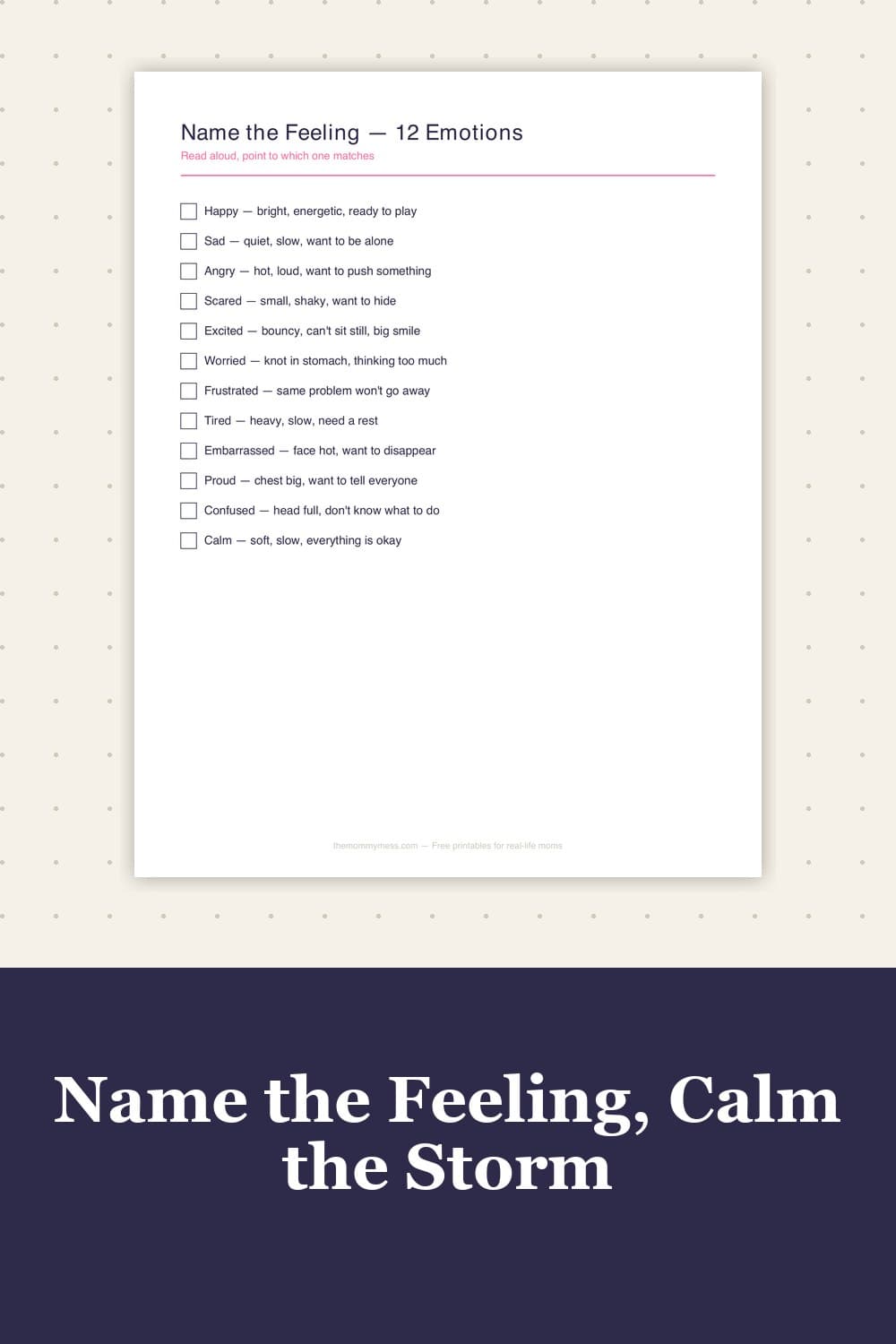 Free Printable Feelings Chart (Name It, Track It, Calm It Down) — mockup of the printable