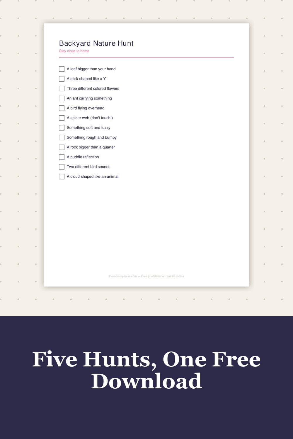 Free Nature Scavenger Hunt Printable (Backyard, Park, Beach + 4 Seasons) — mockup of the printable