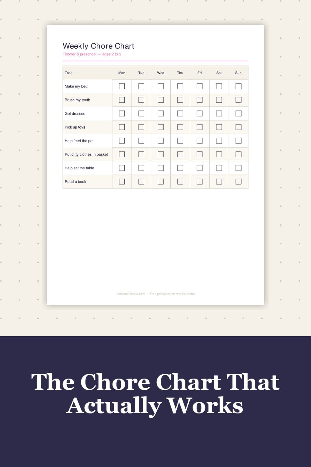 Free Printable Chore Chart preview — clipboard mockup showing the weekly grid
