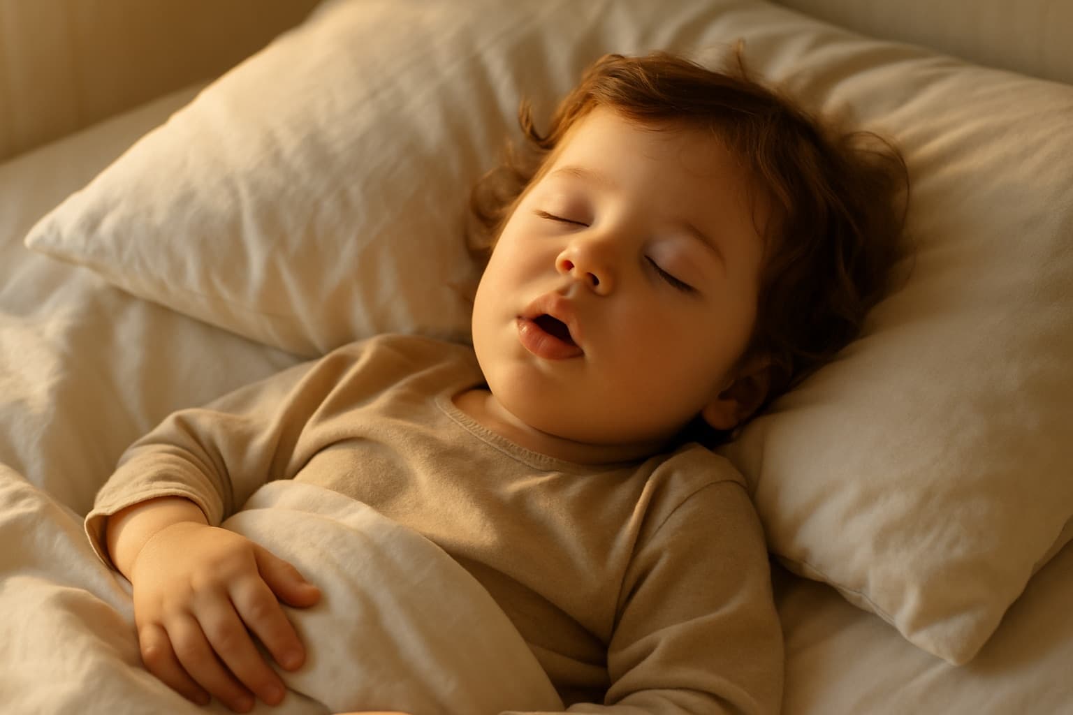 Young child asleep in bed breathing through an open mouth