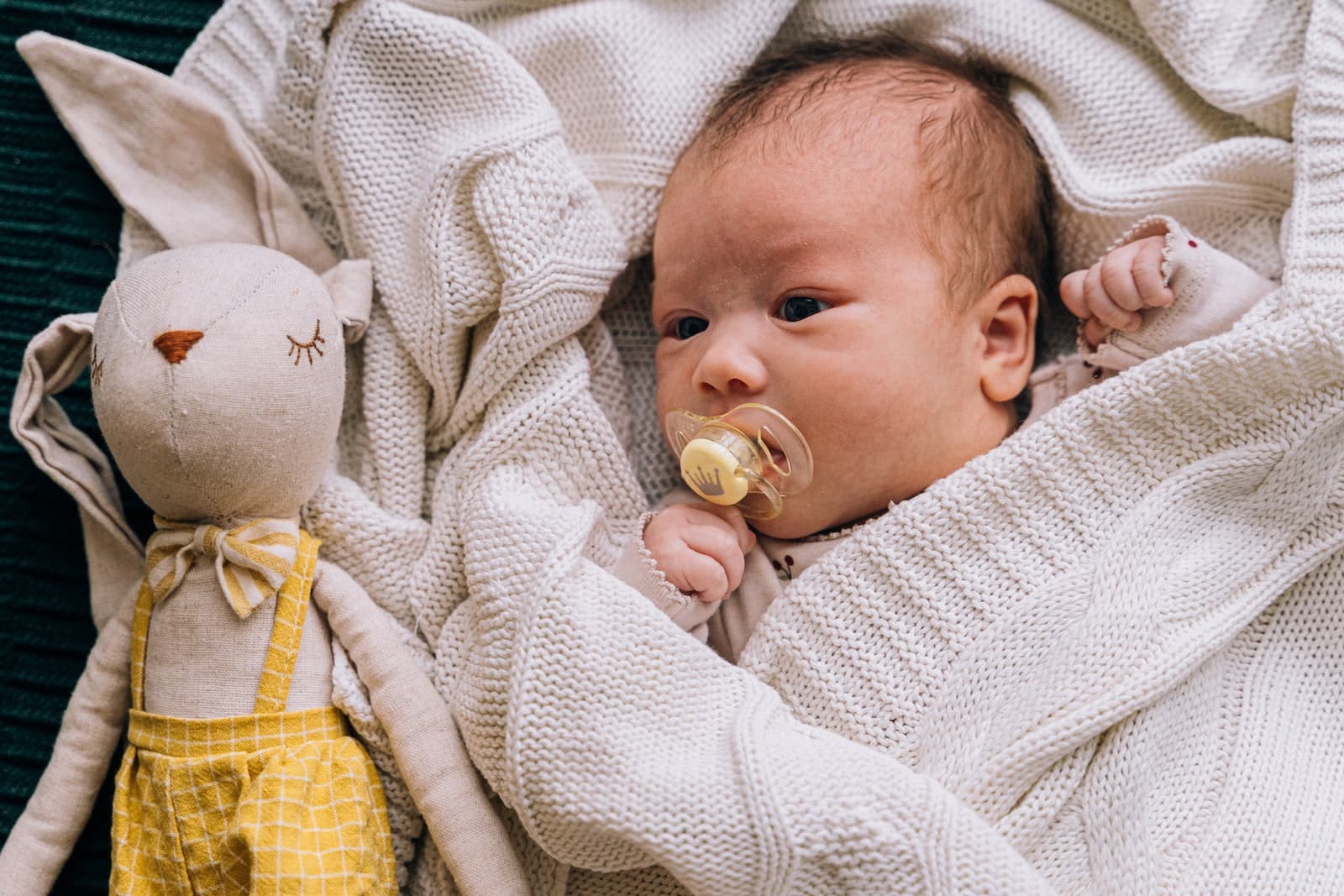 A Baby With a Pacifier Lying Beside a Stuffed Toy