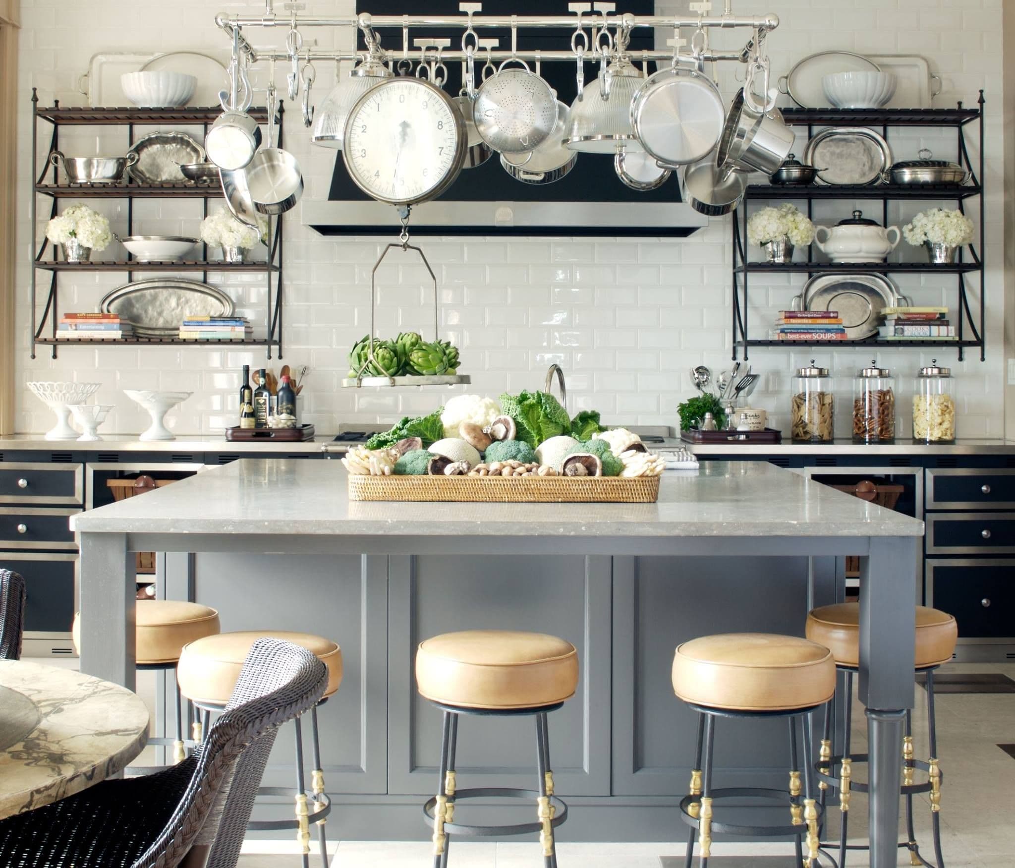 Blue Kitchn Island with Dark Vabinets And Open Shelves