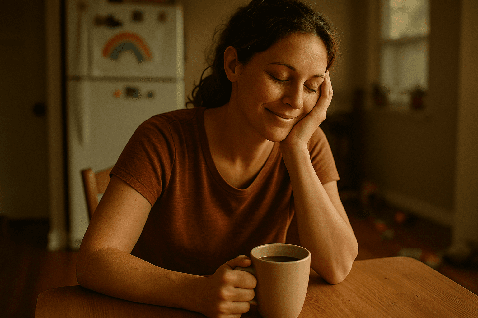 A tired mother resting her head on her hand with a cup of coffee at a kitchen table