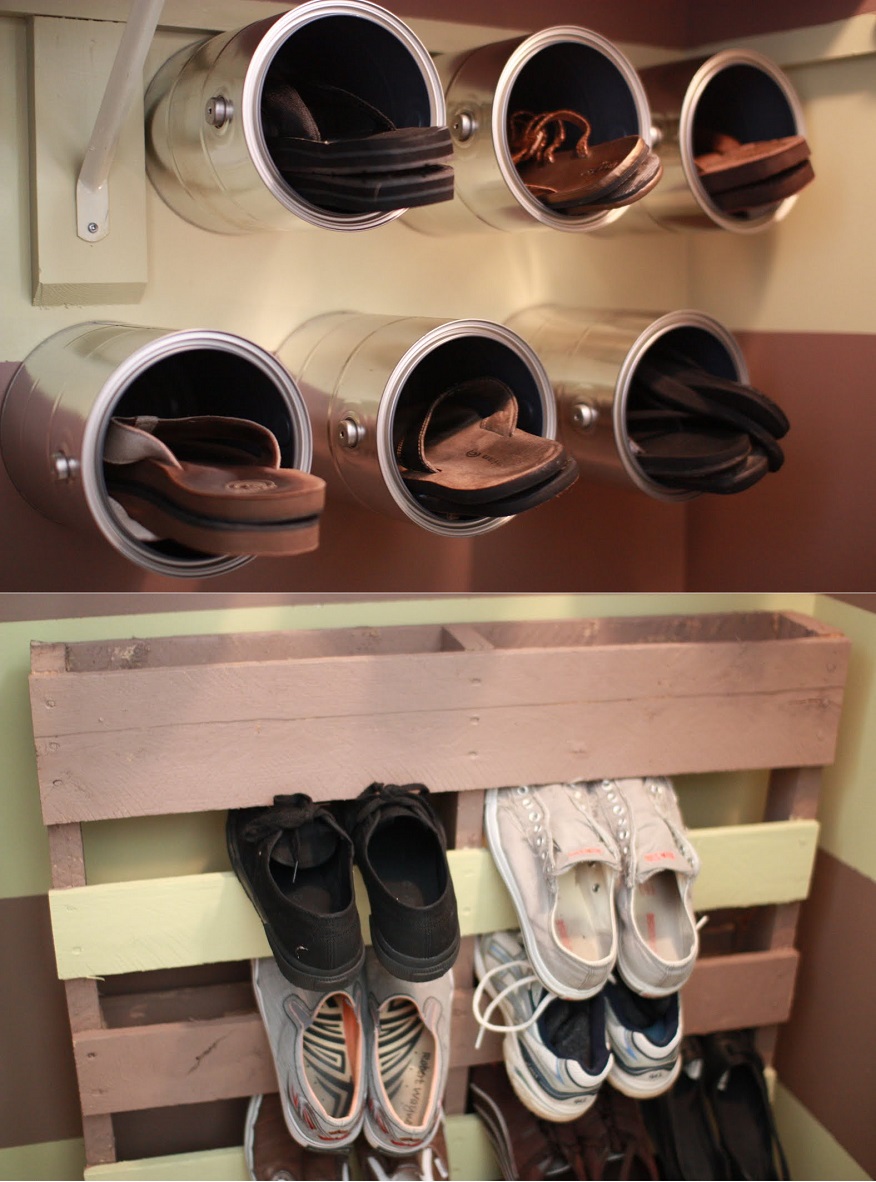 diy shoe rack tin cans and wooden pallet craftynester