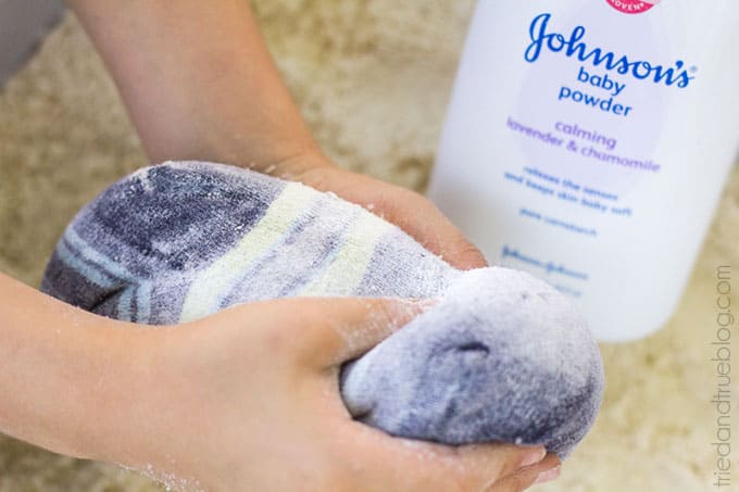 diy beach dust off sand with sock full of baby powder triedandtrueblog