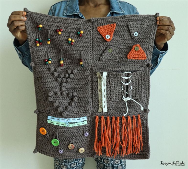diy crochet kids fidget sensory blanket loopinglymade