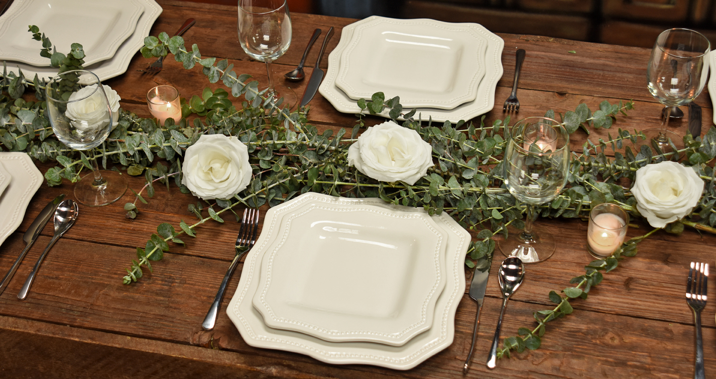 rustiic wedding decor styled shoot roses and eucalyptus table runner fiftyflowers