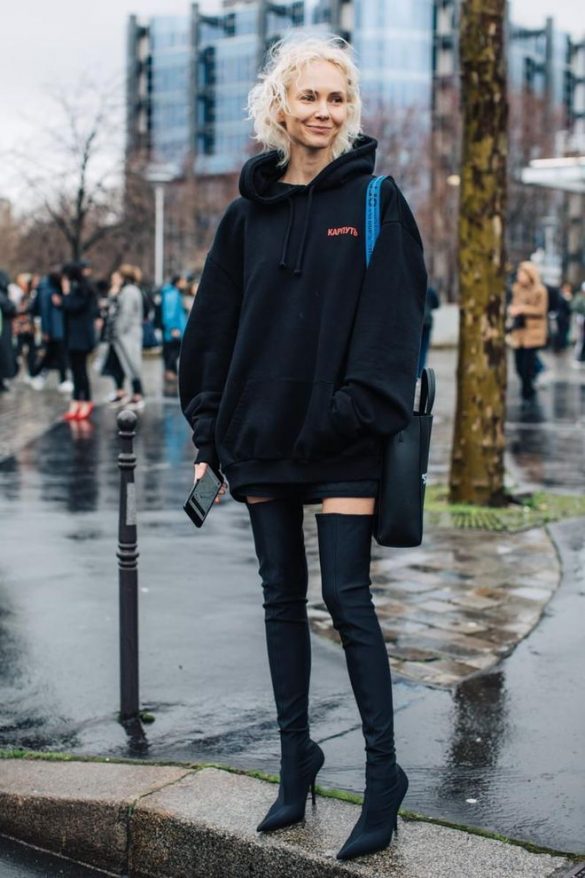 oversized hoodie thigh high boots