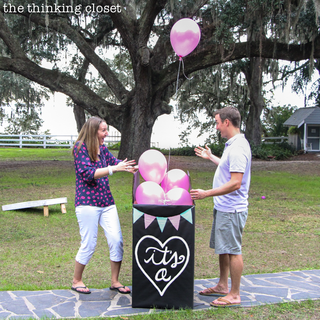 Gender Reveal ideas box with balloons thinkingcloset