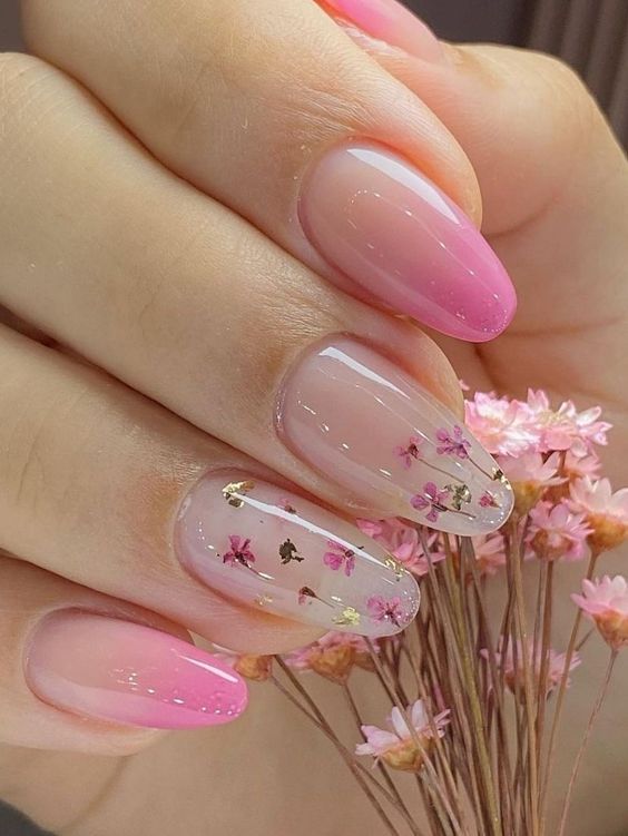 Acrilic Pink Ombre With Pink Flowers and Gold Leaves