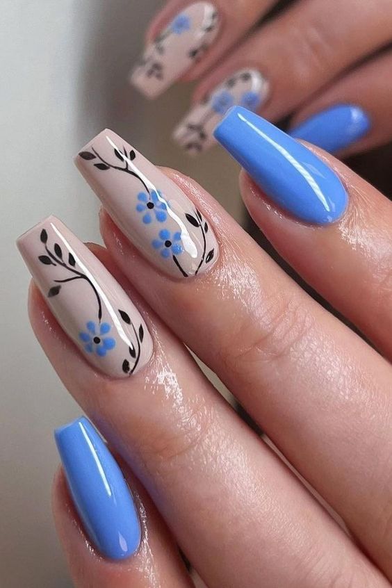 Baby Blue And Beige Square Nails With Blue Flowers And Vines