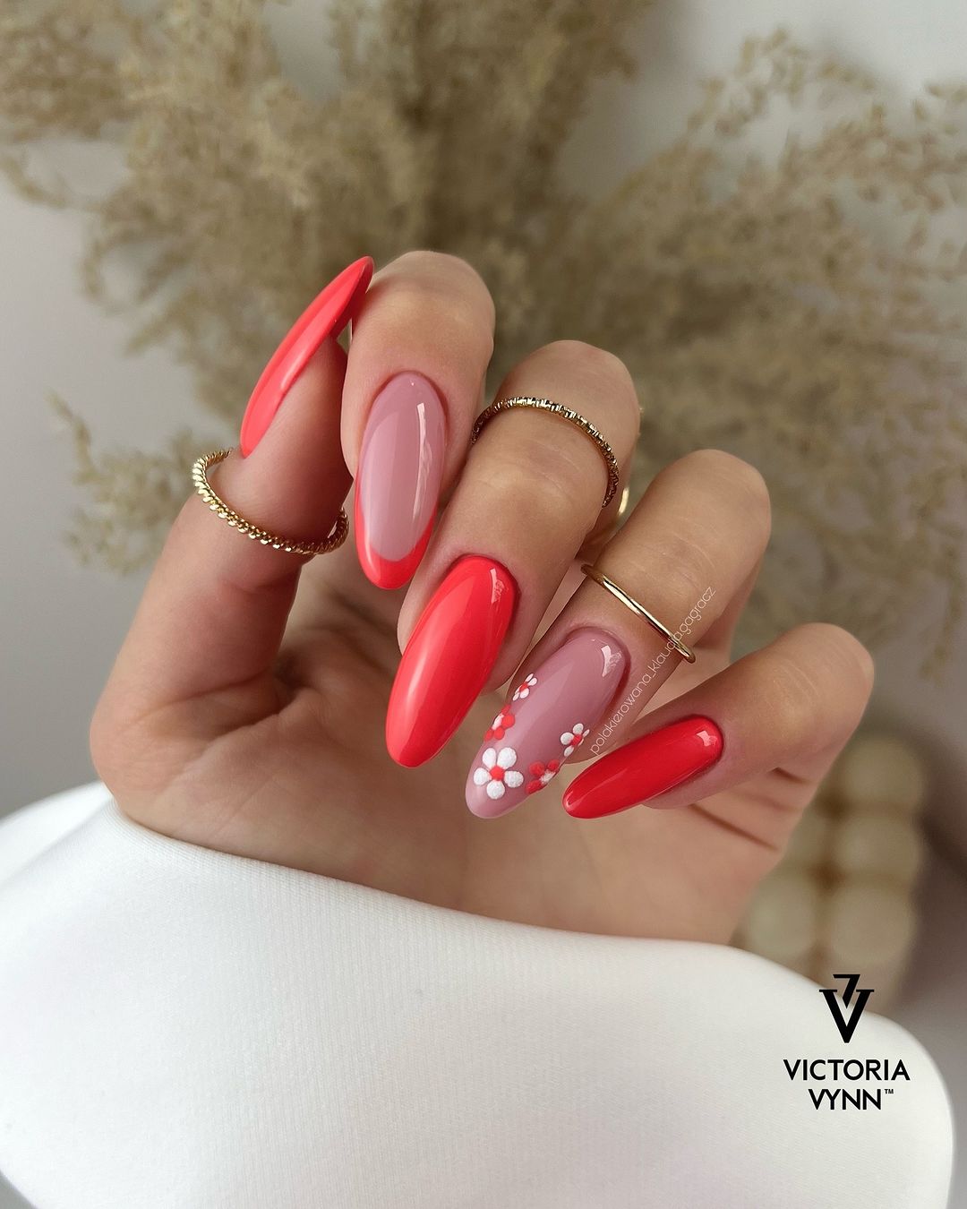 Beige And Red Almond Nails With Floral French Mani