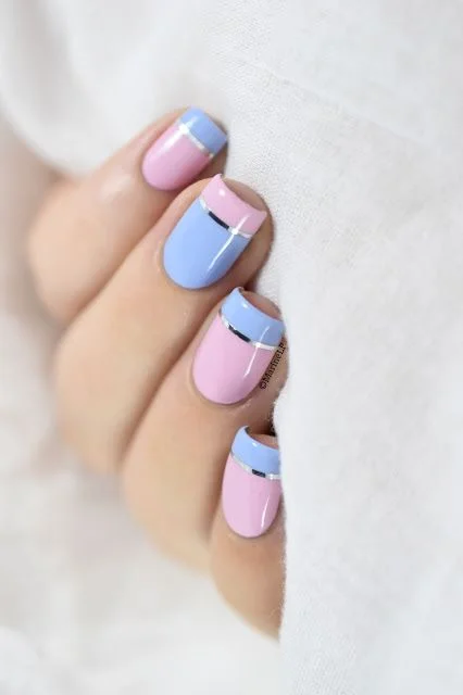 Blue And Pink Block Color Nails With Metallic Line