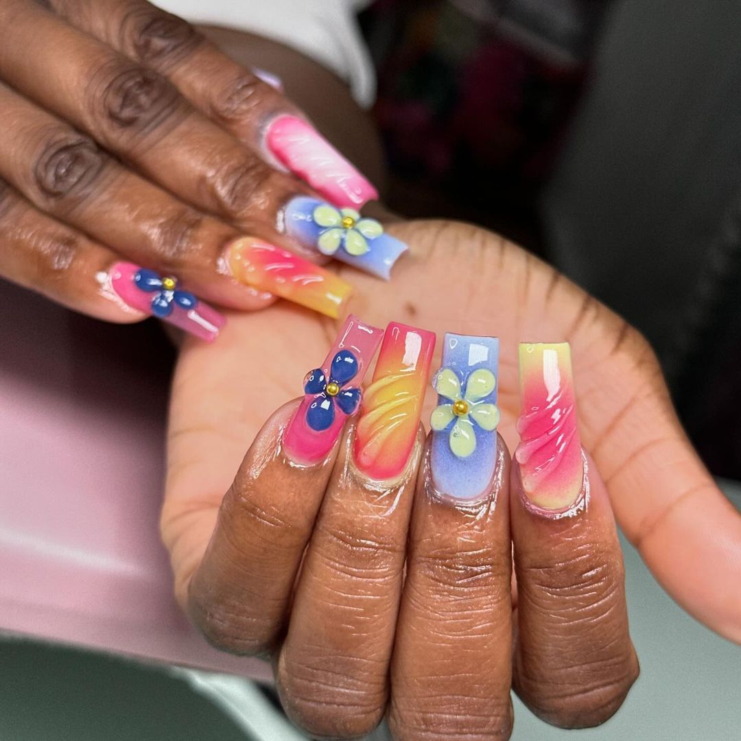 Blue Pink And Yellow Square Nails With 3D Acrilyc Flowers