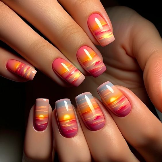 Colorful Sunset Short Sequoval Nails