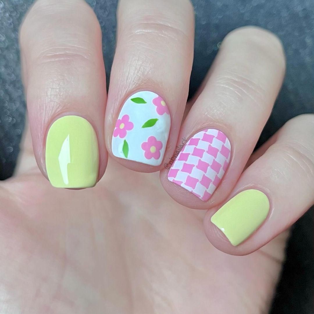 Lime Short Square Nails With Pink Flowers And Checkered Pattern