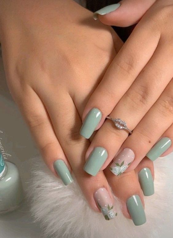 Mint Green Square Nails With Rose Tips