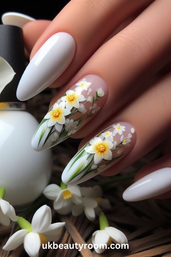 Nude And White Almond Nails With Daffodil Design