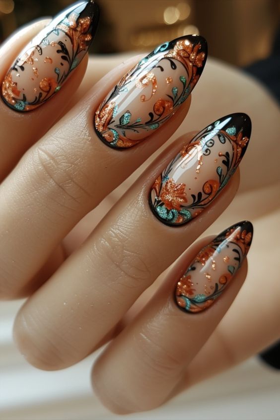 Nude Oval Nails With Black Tips And Floral Gliter Frame