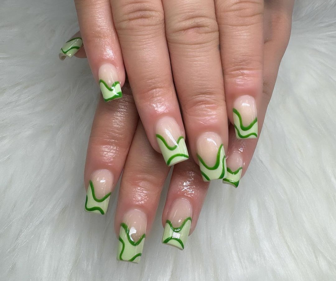 Nude Square Nails With Green Swirly French Mani