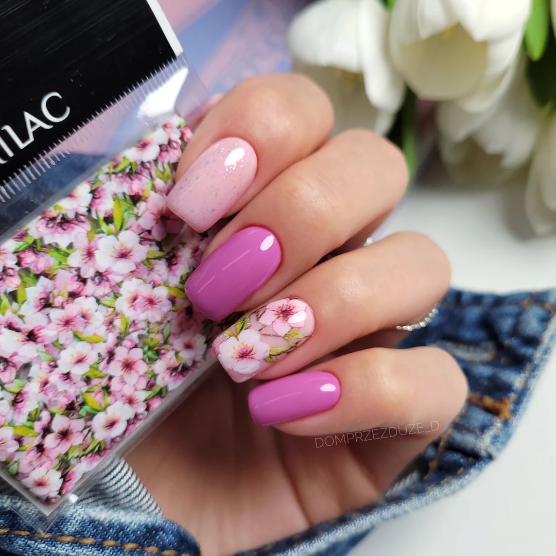 Purple Gradient Squoval Nails With Cherry Flower Accent Design