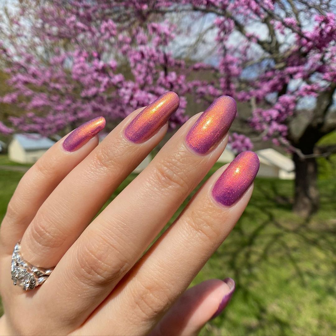 Purple Metallic Oval Nails With Yellow Shine
