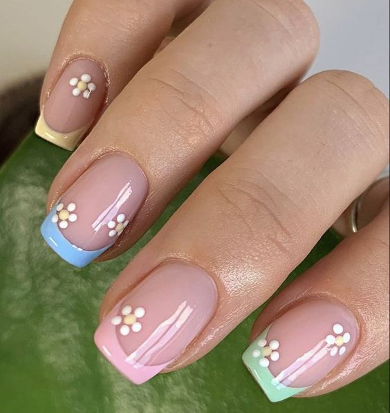 Rainbow French Tip Nails Lined With Simple Flowers
