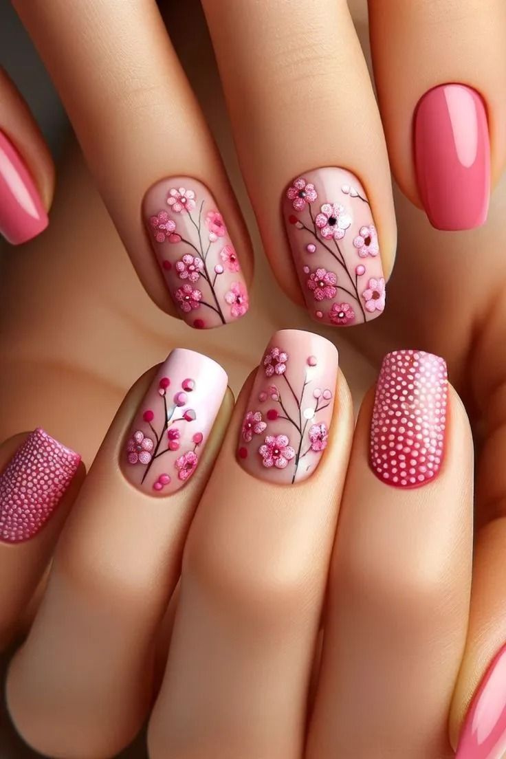 Sakura Design Nails With Solid Dark Pink And Light Pink Polka Dots