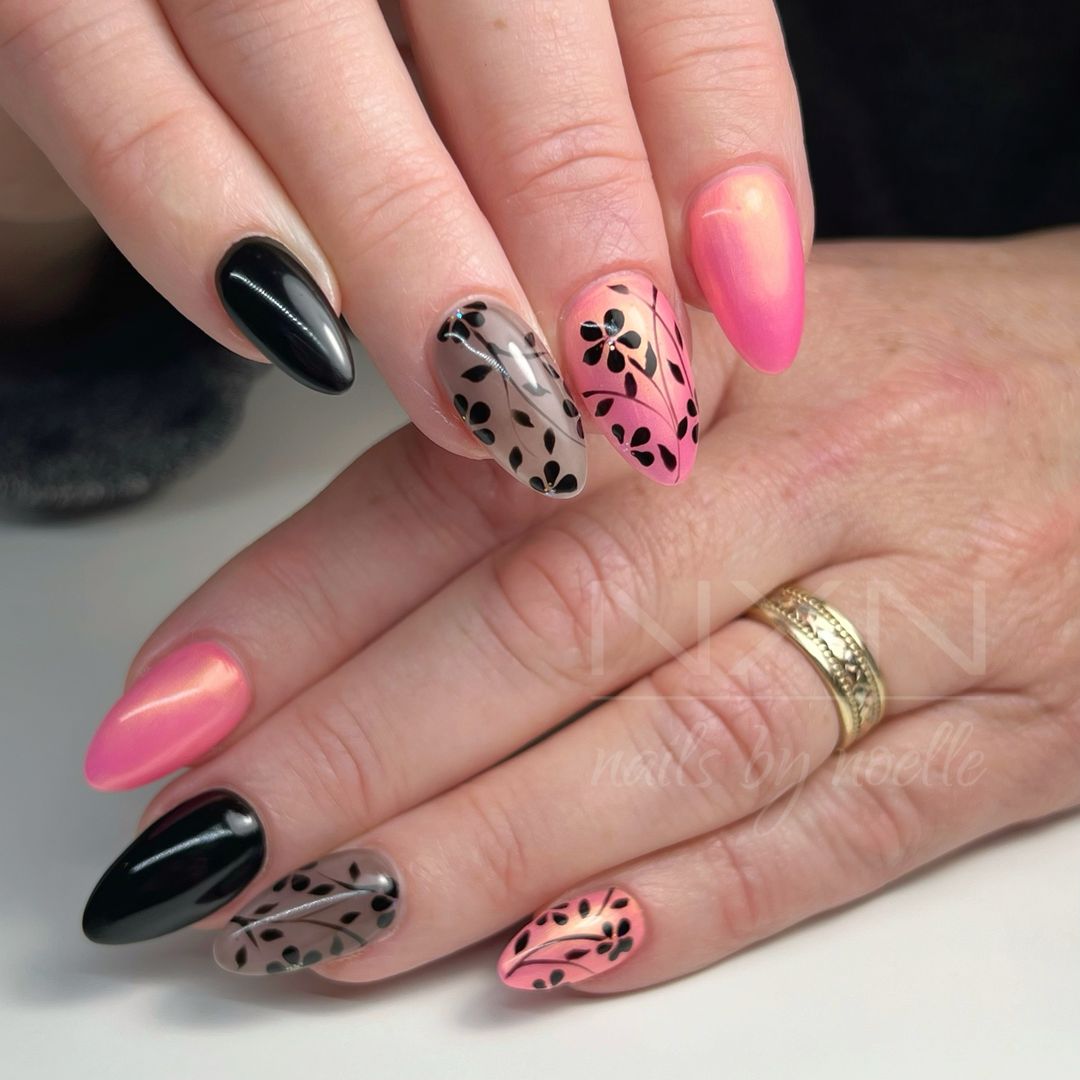 Short Almond Pink, Black And Gray Nails With Black Floral Pattern