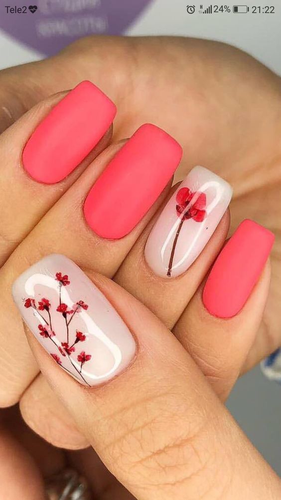 Short Square Pink Nails With Poppy Design
