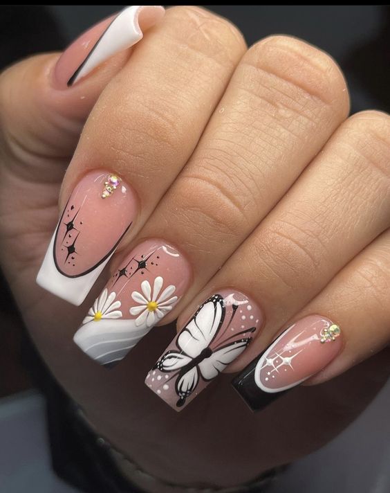 Square French Mani Black And White Nails With Floral And Butterfly Design