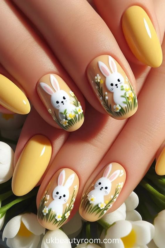 Sunny Yellow Nails With Bunny Design