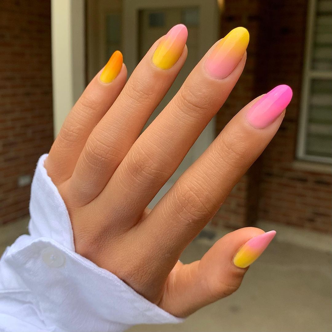 Sunshine Yellow And Pink Ombre Oval Nails