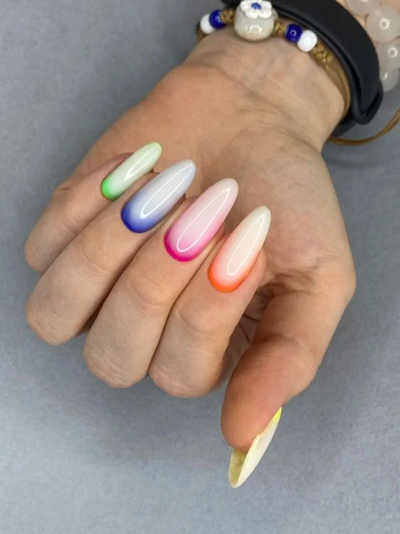 White Almond Nails With Rainbow Halfmoons