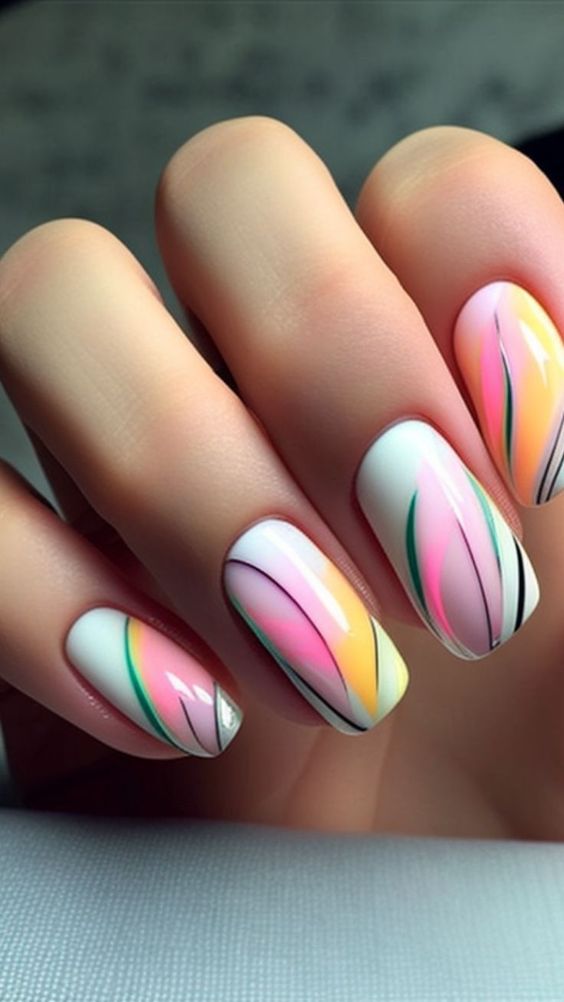 White Squoval Nails With Colorful Abstract Lines