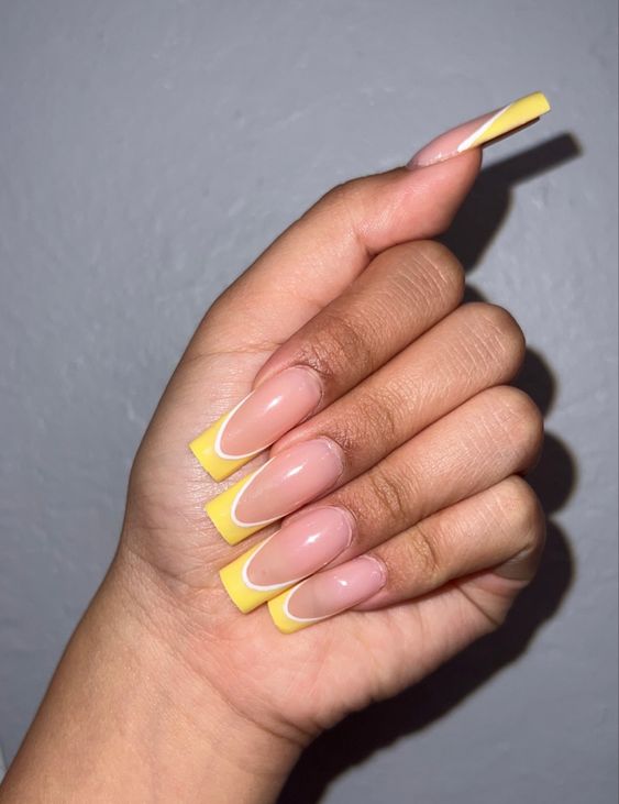 Yellow And White Square Shaped French Tip