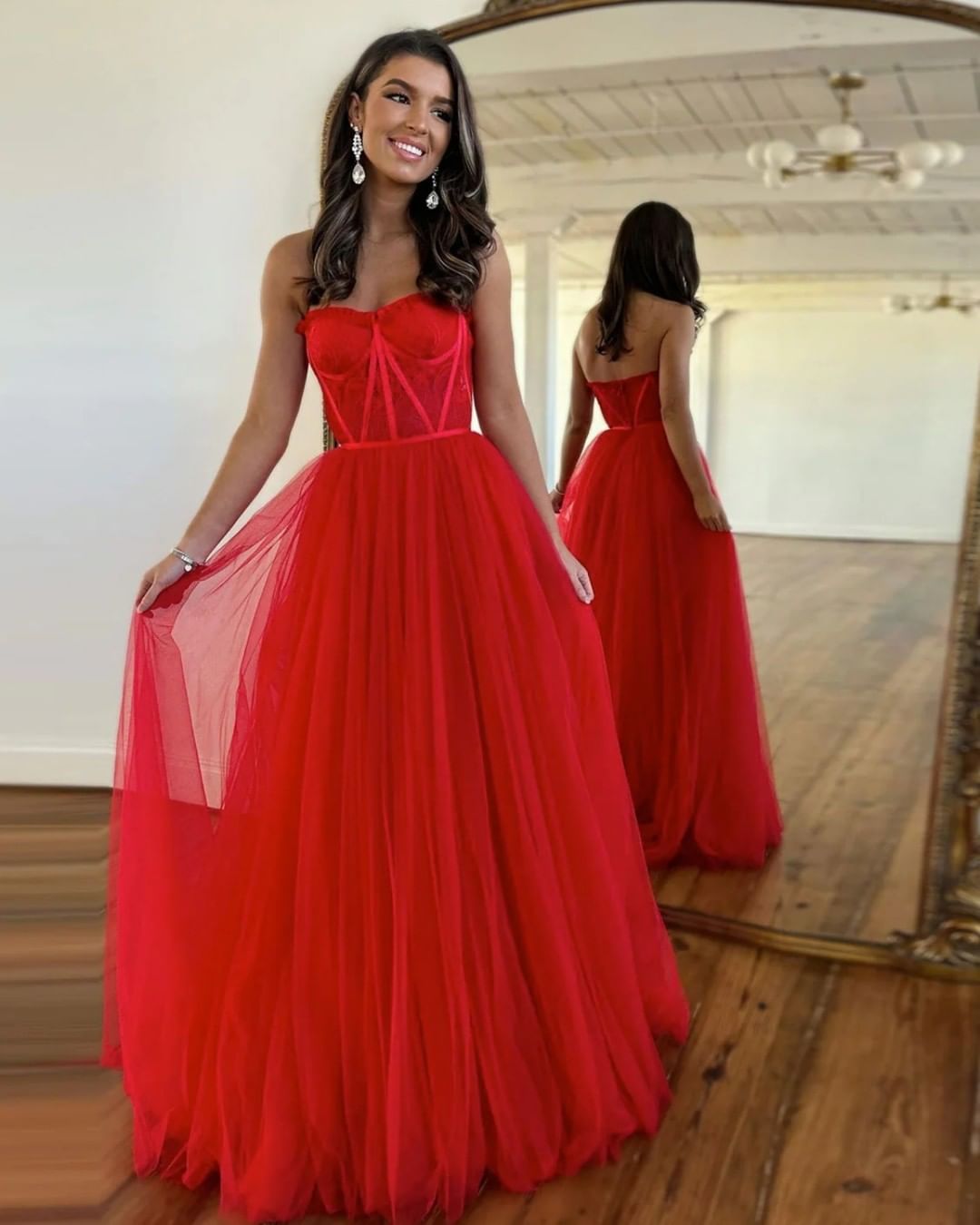 A Line Open Back Red Lace Long Prom Dresses with High Slit