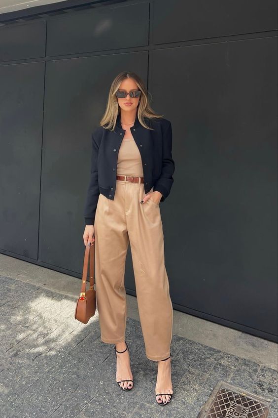 Baige High Waist Pencil Pants With Belt, Baige Top, Cropped Jacket And Heels
