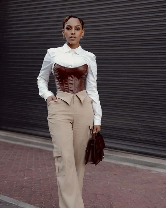 Baighe Flipped Waist Cargo Pants, White Botton Down Shirt With Brown Leather Corset