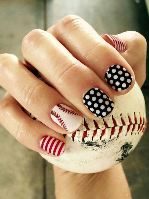 Baseball Stiches. Red And White Stripes And Black And White Polkadots
