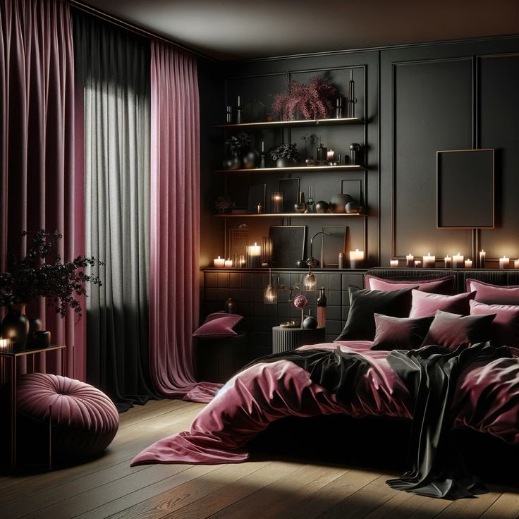 Bedroom With Dark Gray Pannel Walls, Dark And Gray Accents