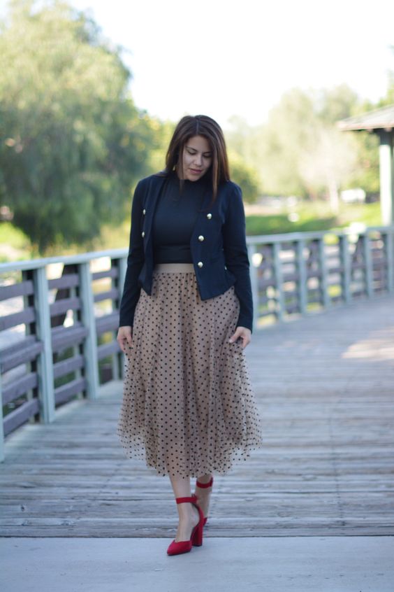 Beige Polkadot Maxi Tulle Skirt With Black Top And Double Breasted Blazer