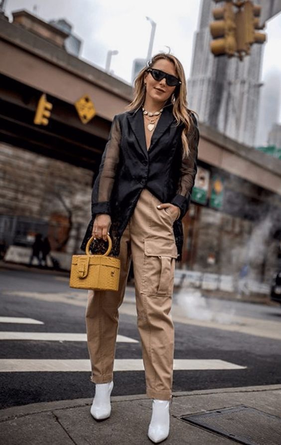 Beighe Cargo Pants Mesh Sleved Blazer And White Heel Boots