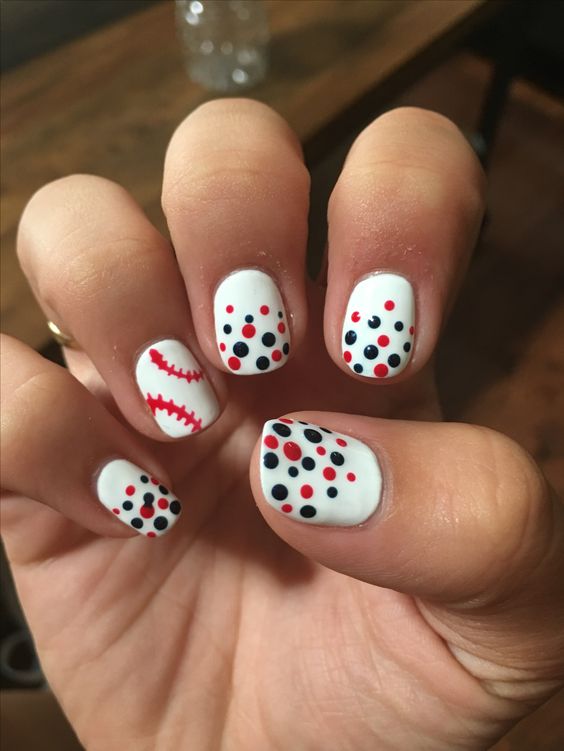 Black And Red Dots On White Base With Baseball Stich Accent Nail