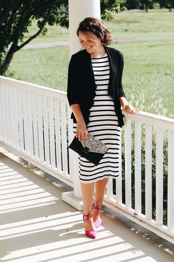 Black-And-White-Stiped-Pecil-Midi-Dress-With-Black-Cardigan