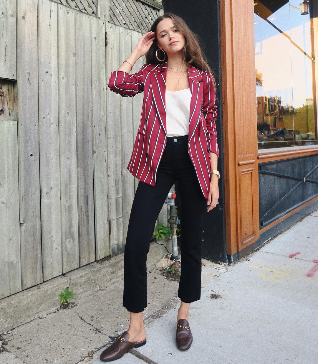 Black Boot Cut Jeans, Flats, White Top And Red Striped Blazer