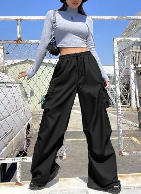 Black Cargo Pants And Gray Long Sleeved Crop Top
