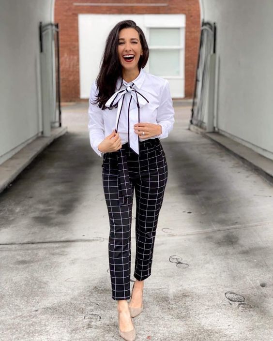 Black Check Pattern Pattern Pants Collared Shirt With Bow