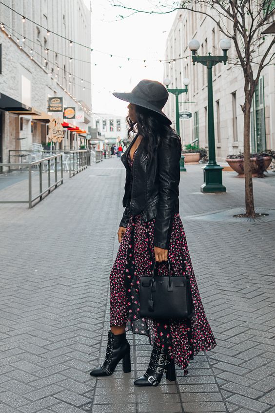 Black Leather Jacket, Black And Pink Floral Maxi Dress, Anckle Boots